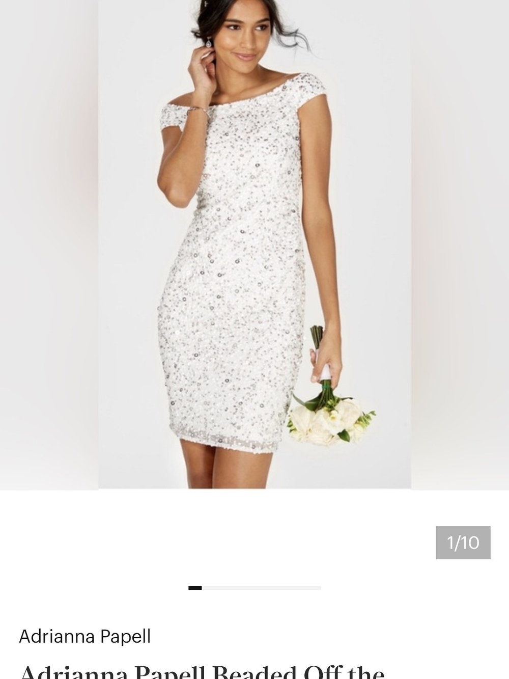 Adrianna Papell White Ivory Silver Beaded Off-Shoulder Dress NEW WITH TAGS